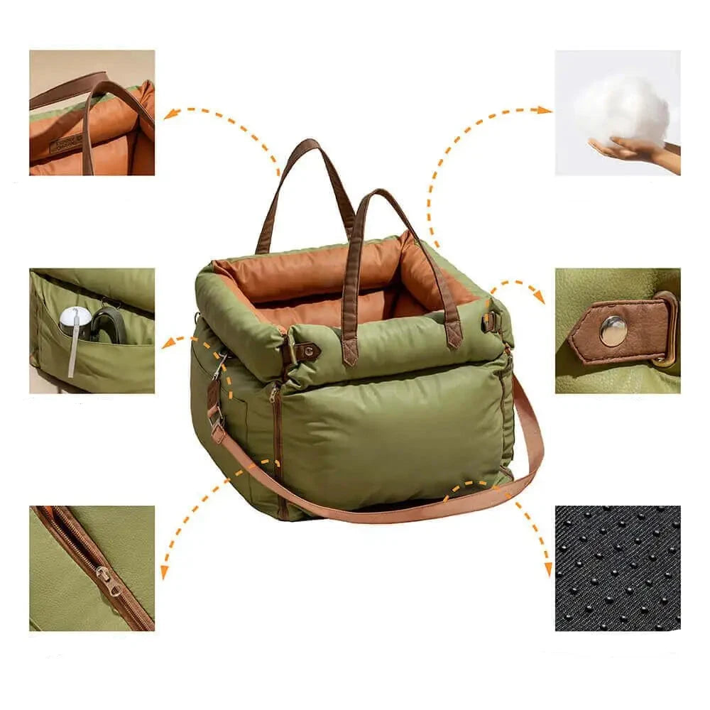 Qualité total du panier chien rembourré de couleur vert et brun pour voiture. Image produit Boutiquechien