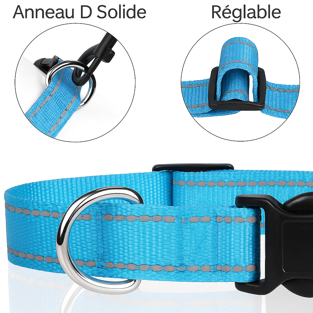 qualité du collier pour chien de couleur bleu et réfléchissant avec des attaches durable. Image produit boutiquechien Image