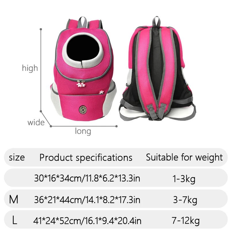 dimension total du sac à dos de transport pour chien de couleur rose et noir avec toutes les tailles 