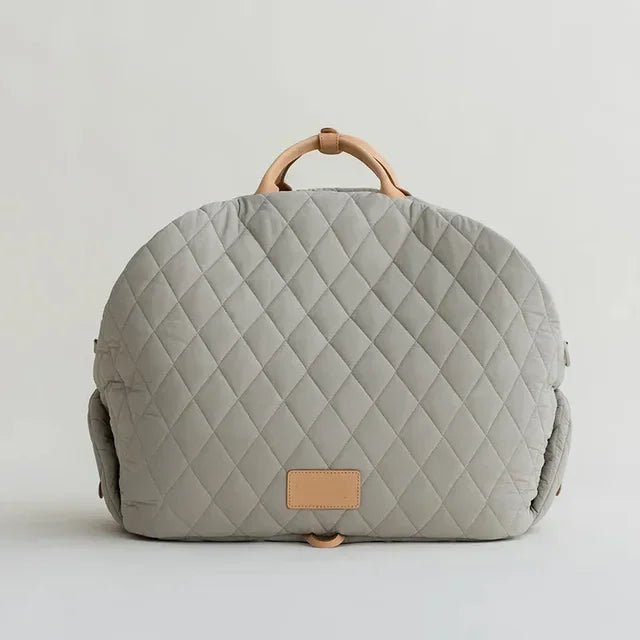 sac pour chien de couleur taupe vert claire et élégant avec des poignées beige. Image produit Boutiquechien