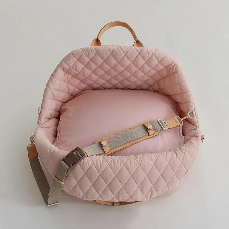 Sac pour chien design rembourré vue du dessus avec une sangle verte. Image produit Boutiquechien