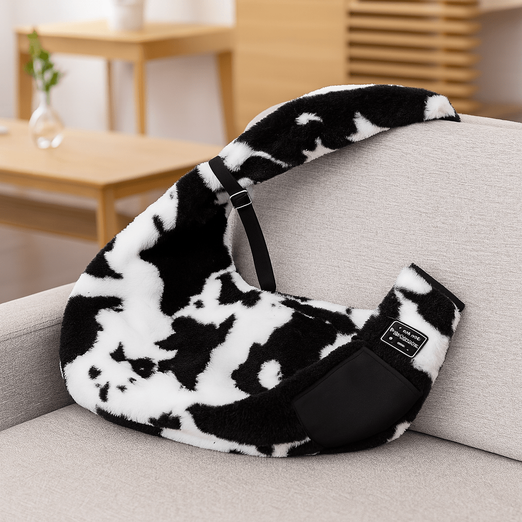 sac pour chien en forme de vache de couleur noir et blanc. Le produit est posé sur le canapé de couleur gris avec en fond des meubles en bois. Image produit Boutiquechien