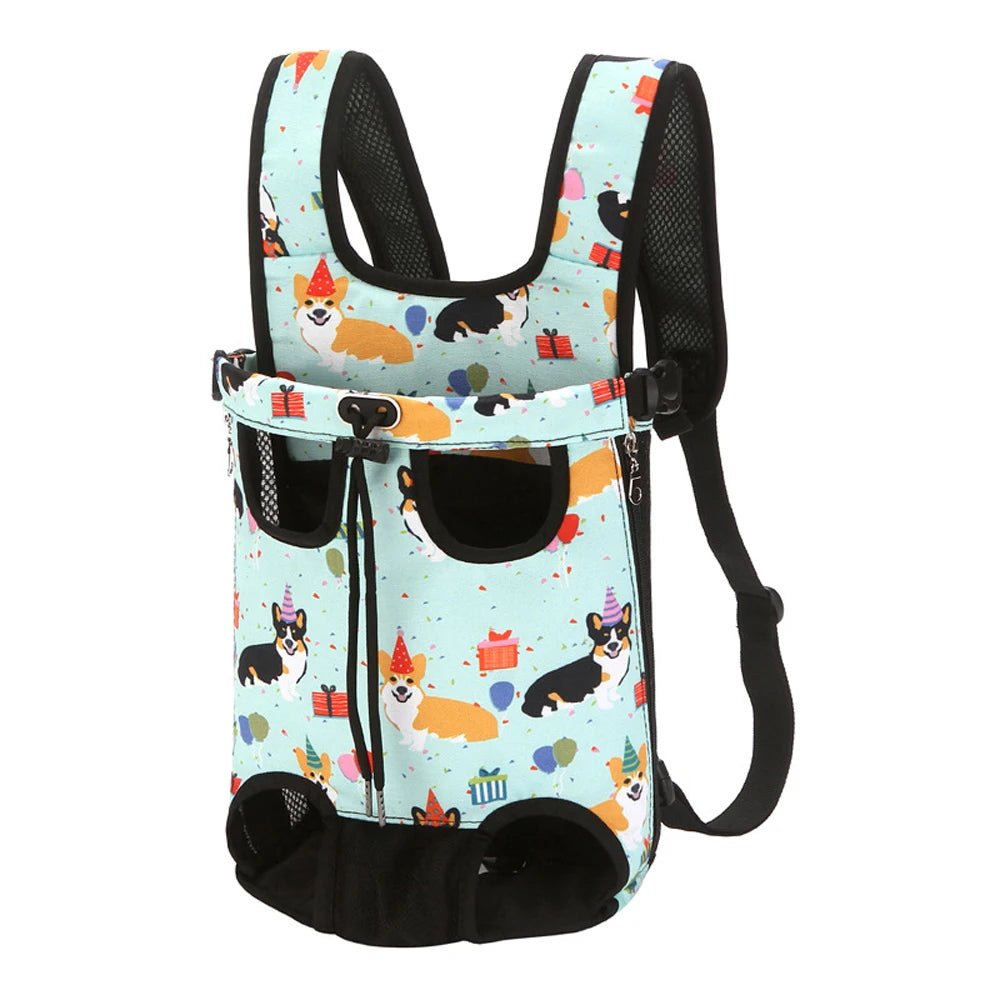sac de marche pour chien de couleur turquoise avec des corgi avec  un réglage total du sac pour chien. image produit Boutiquechien