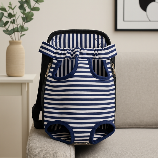 sac a dos blanc et bleu pour les promenades avec son chien. Le produit est posé sur un canapé de couleur gris avec en fond un tableau blanc. Sur la gauche il y a un pot de fleur avec une plante verte. Image produit Boutiquechien