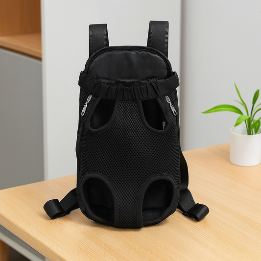 sac a dos pour chien de couleur noir en nylon résistant. Sur le côté il y a une plante verte. Image produit Boutiquechien