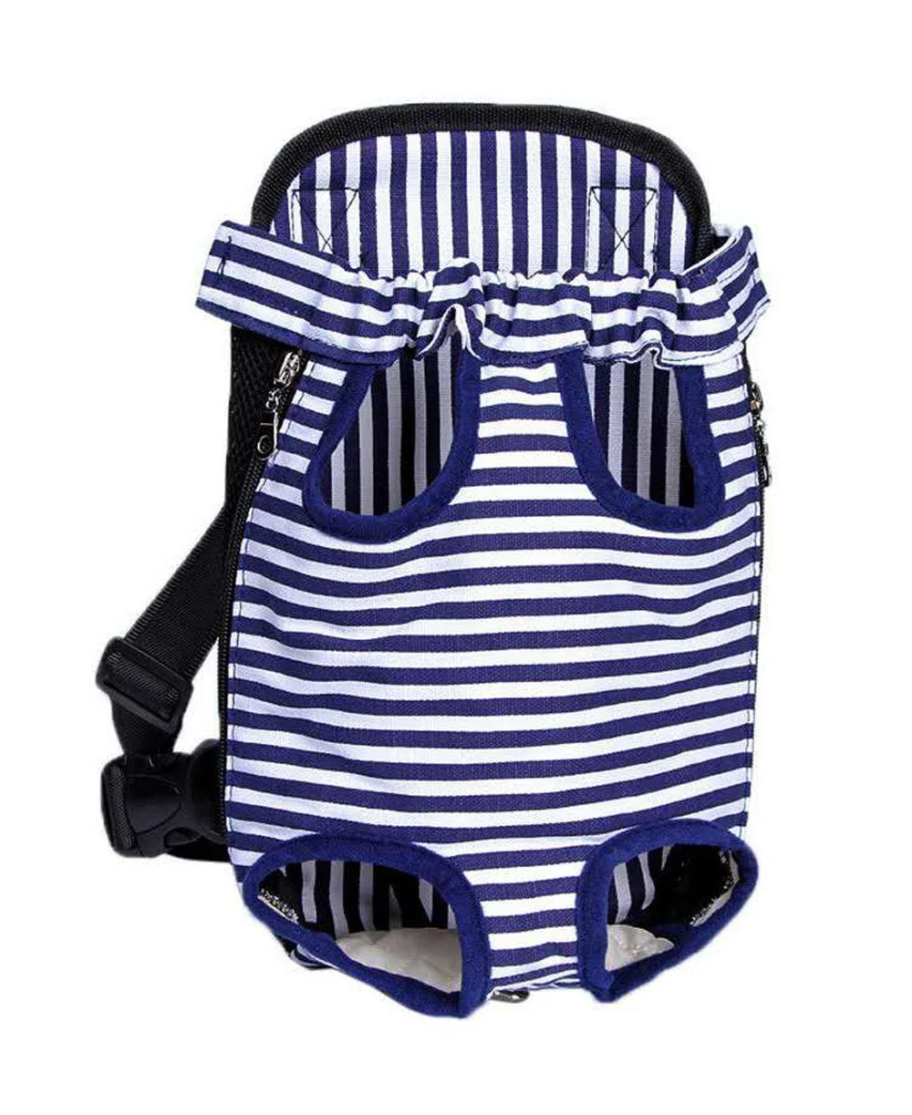Sac a dos pour chien de promenade de couleur bleu et blanc rayé. Image produit Boutiquechien
