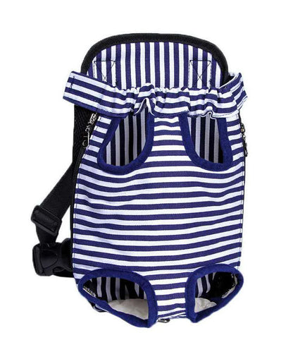 Sac a dos pour chien de promenade de couleur bleu et blanc rayé. Image produit Boutiquechien