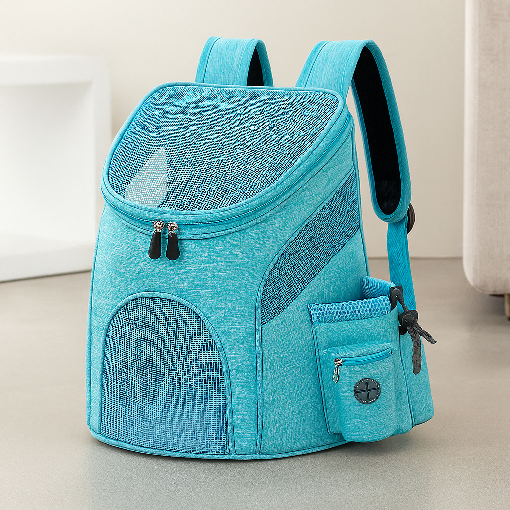 sac de transport pour chien de couleur bleu oiseau par terre avec en fond un canapé gris. Image produit Boutiquechien Image
