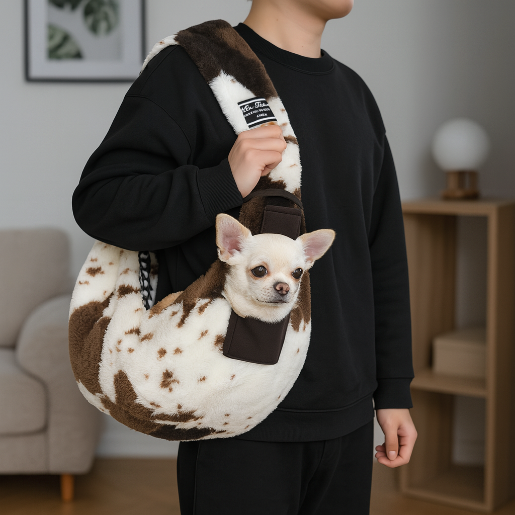 petit chihuahua de couleur bleu dans un sac pour de couleur blanc et brun. Le produit est mis en valeur sur une personne maintenant le sac dans un salon de couleur claire avec en fond un canapé gris. Image produit Boutiquechien