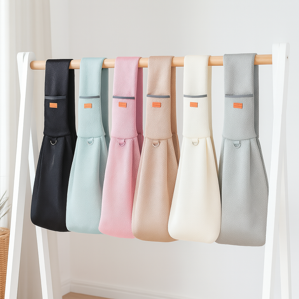 sac pour chien en bandoulière de plusieurs couleurs posé sur un pendoir. Image produit Boutiquechien