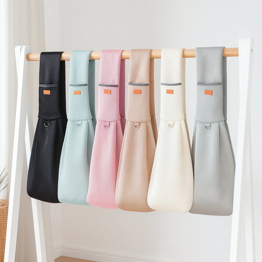 sac pour chien en bandoulière de plusieurs couleurs posé sur un pendoir. Image produit Boutiquechien