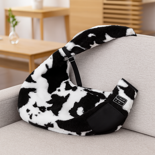 sac pour chien en forme de vache de couleur noir et blanc. Le produit est posé sur le canapé de couleur gris avec en fond des meubles en bois. Image produit Boutiquechien
