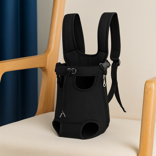 sac pour chien de couleur noir posé sur un fauteuil de couleur blanc et bois. Image produit Boutiquechien