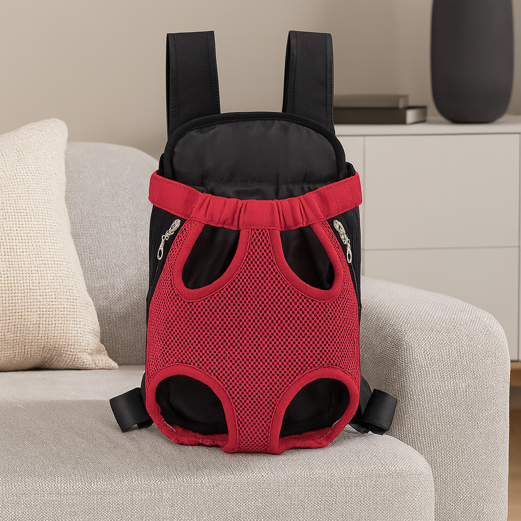 sac a dos pour chien de couleur noir et rouge posé sur un canapé de couleur gris avec en fond un meuble blanc. Image produit Boutiquechien