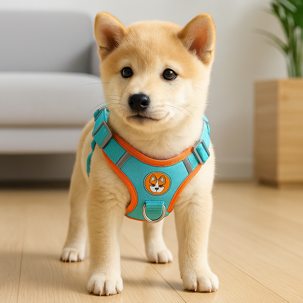 harnais chien bleu et orange avec la laisse bleu assortie. Le produit est porté par un shiba chiot de couleur claire. En fond il y a une plante verte et un canapé gris. Image produit Boutiquechien