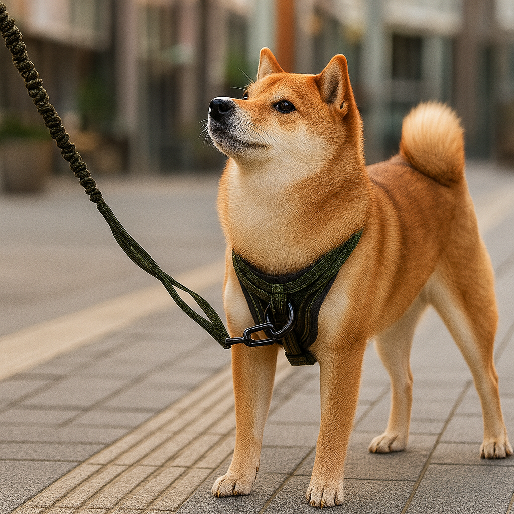Shiba de couleur claire portant un harnais en cuir kaki. Le chien est en ville. 