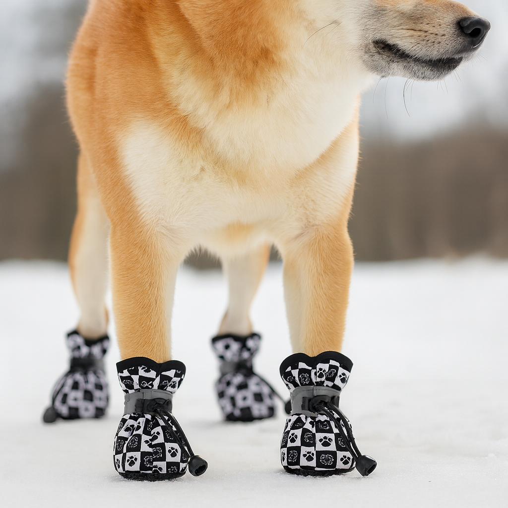 shiba de couleurs roux et blanc portant des bottes pour chiens de couleur blanc et noir debout dans la neige blanche. Image produit Boutiquechien