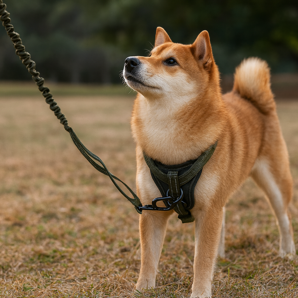 Shiba de couleur claire portant un harnais vert avec du cuir. Le chien est tenu par une laisse extensible de couleur kaki. Le chien est dans un champ. 