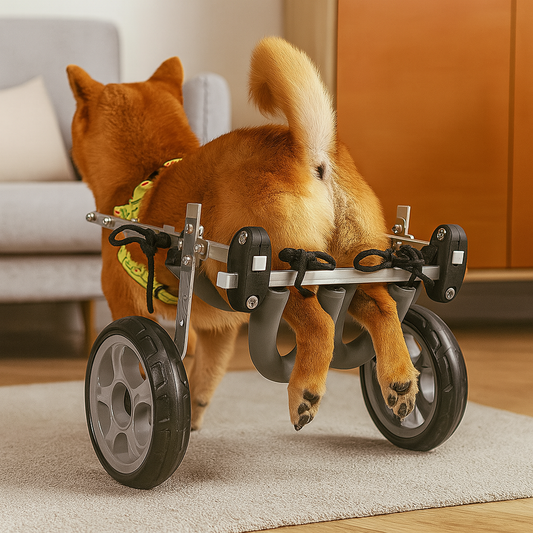 Chariot de promenade pour chien de couleur gris avec un shiba de couleur roux dans un salon de couleur claire. En fond il y a un canapé de couleur gris et une commode en bois. Image Produit Boutiquechien