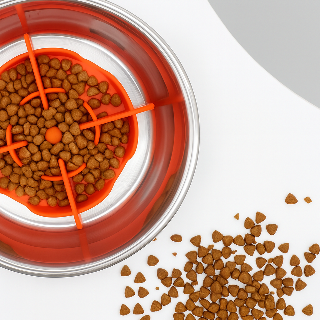 support anti glouton rouge dans une gamelle inox pour chien avec des croquettes dedans. Image produit Boutiquechien