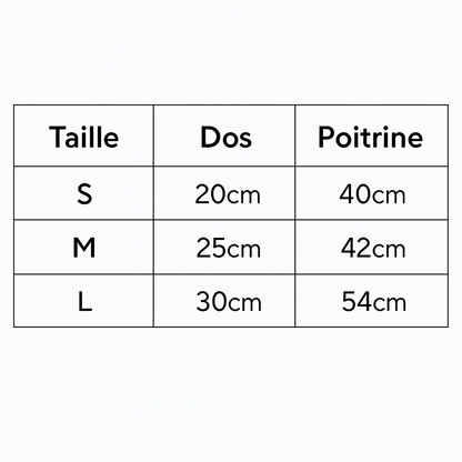 tableaux des dimensions pour les déguisement des chiens en formes de hot dog de boutiquechien