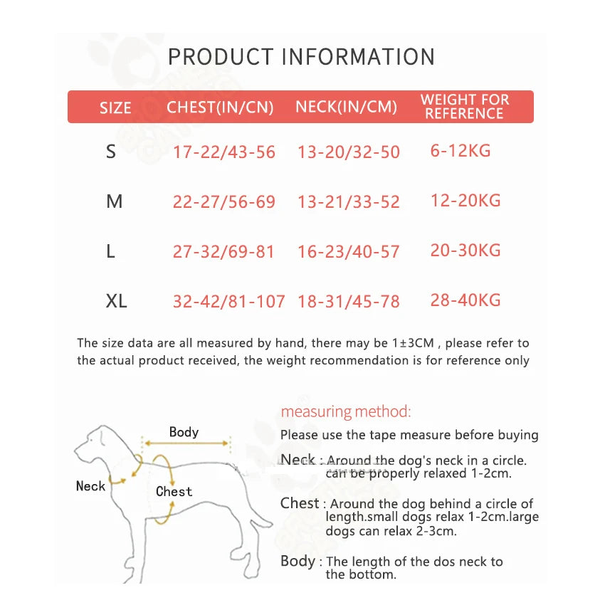 tableau total des dimensions total du harnais pour chien de boutiquechien