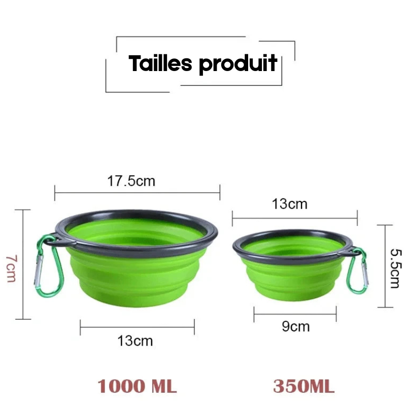 Dimension total de la gamelle pliante pour chien de 1000ml ou 350ml. Image produit Boutiquechien