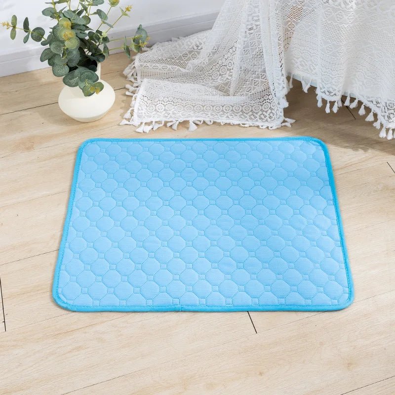 Tapis chien de couleur bleu posé sur un sol de couleur claire. Le tapis chien absorbant est parfait pour les chiens. Le tapis est posé près d'une nappe blanche et d'une plante verte. Image produit Boutiuqechien 