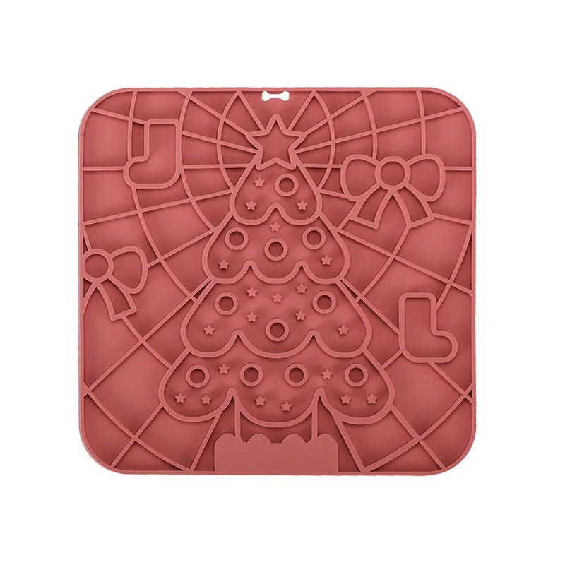 Tapis anti glouton de couleur rouge en forme de sapin de Noel. Image produit Boutiquechien