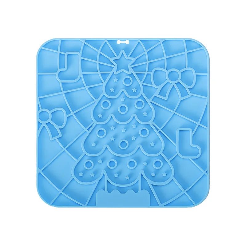 Tapis pour chien anti glouton de couleur bleu avec un sapin de noel. Image produit Boutiquechien 