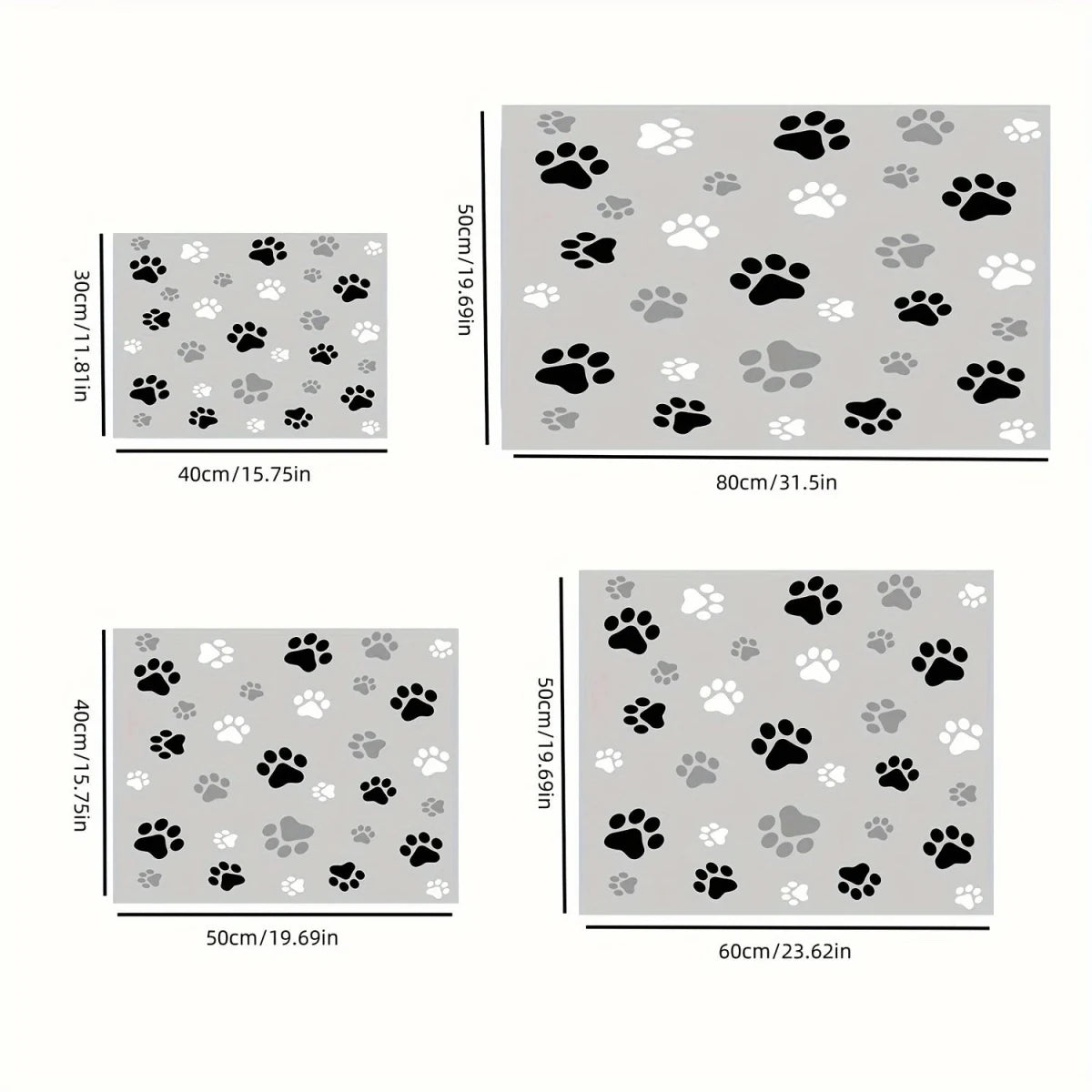 dimension total du tapis gamelle absorbant de couleur gris avec des pattes dessus. Image produit Boutiquechien