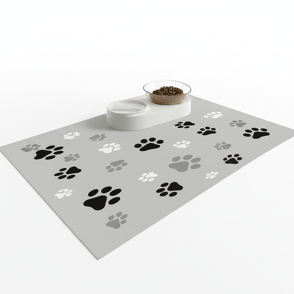 Tapis gamelle pour chien en forme de patte de couleur gris avec deux gamelles. En fond il y a un canapé de couleur blanc. Image produit Boutiquechien 