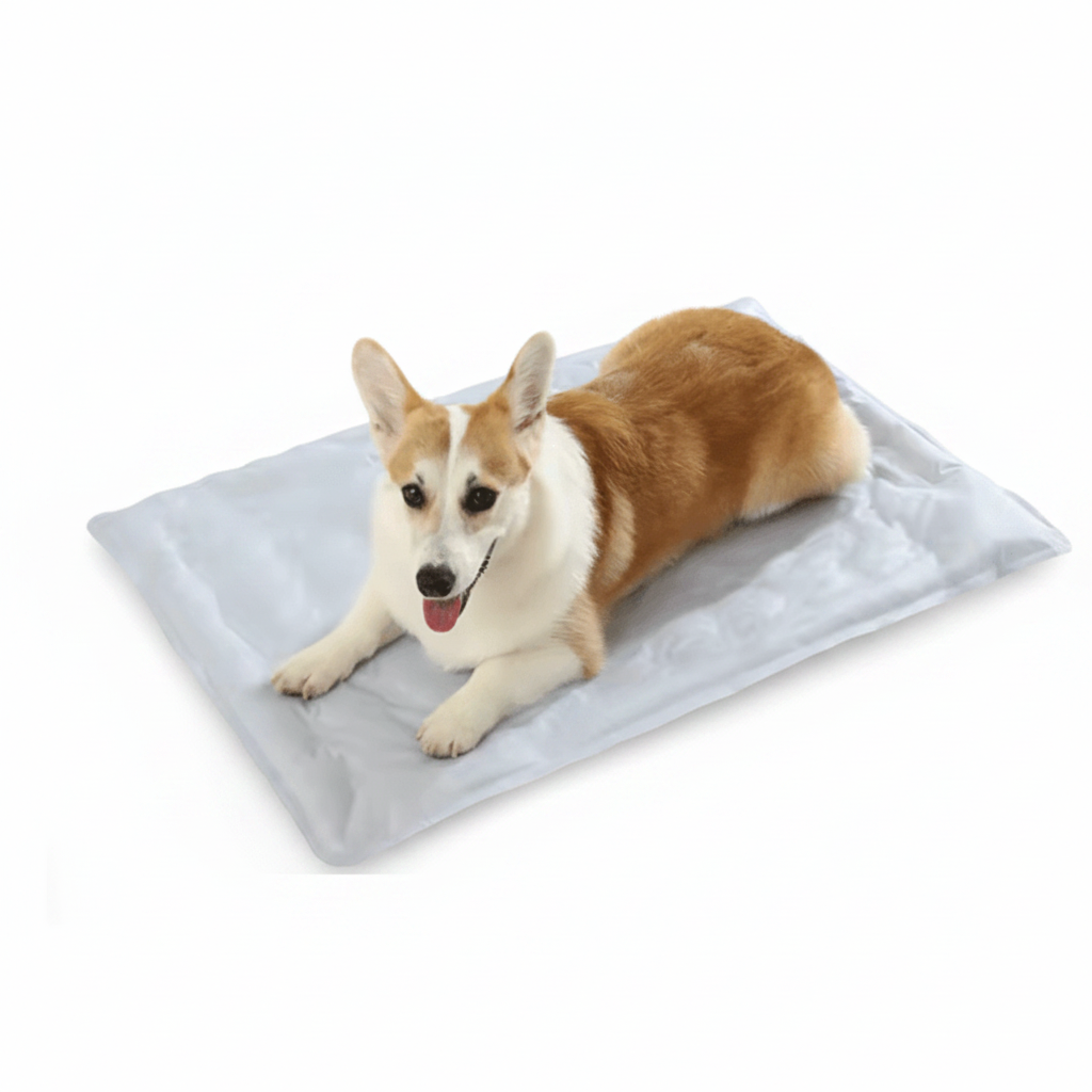 Tapis chien rafraîchissant de couleur blanc pour petit et moyen chien. Le chien est de couleurs brun et blanc. Image produit Boutiquechien 