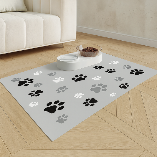 Tapis gamelle pour chien en forme de patte de couleur gris avec deux gamelles. En fond il y a un canapé de couleur blanc. Image produit Boutiquechien 