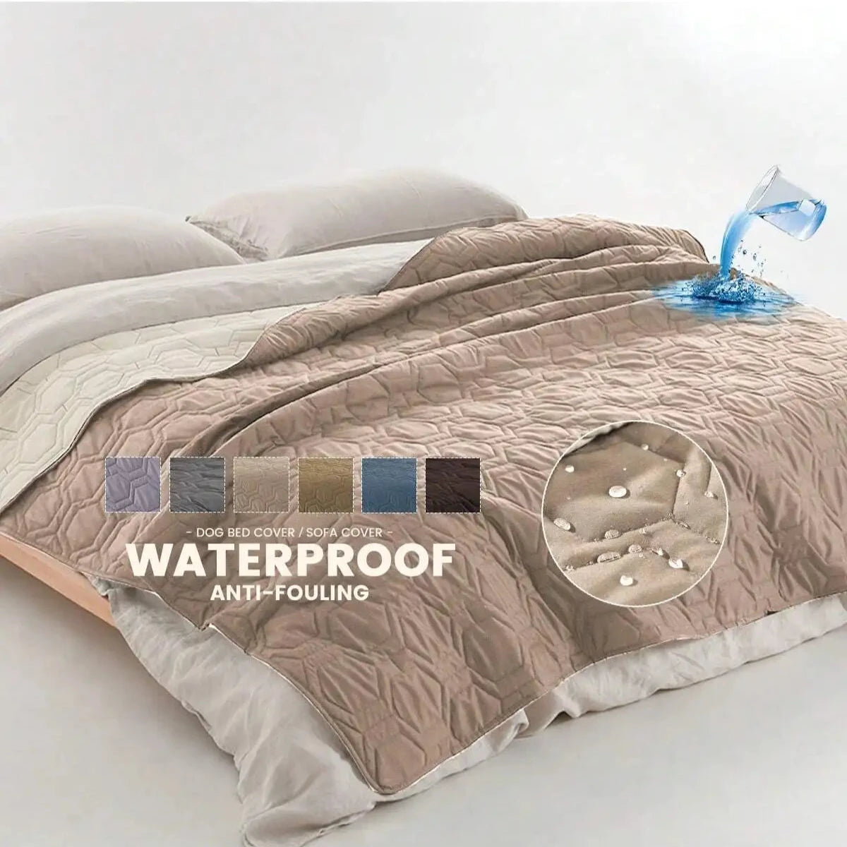 tapis de protection pour lit de couleur beige posé sur un lit blanc. Le produit est waterproof. Image produit Boutiquechien