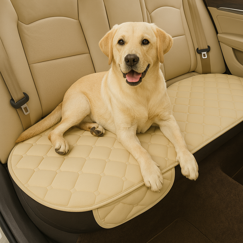 Golden retriever de couleur blanc couché sur un tapis de protection de couleur claire posé sur un siège arrière de voiture. Le siège arrière est de couleur beige. Image produit Boutiquechien