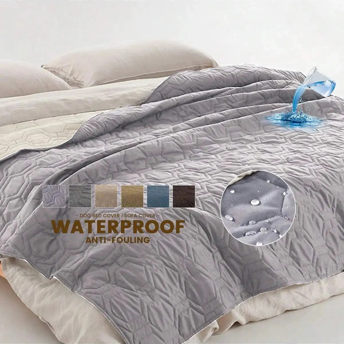tapis de protection pour lit de couleur gris posé sur un lit blanc. Le produit est waterproof. Image produit Boutiquechien