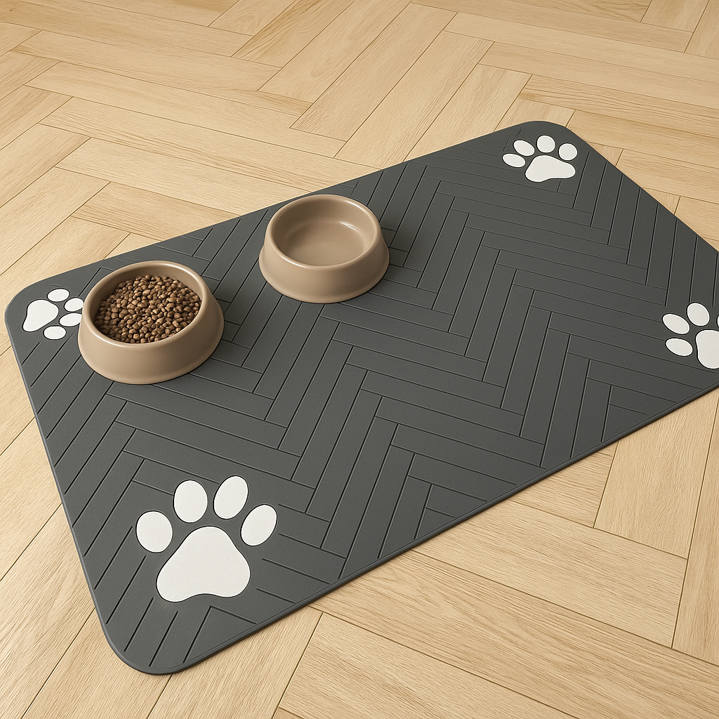 Tapis gamelle pour chien de couleur noir avec des formes de pattes de couleur blanc. Le tapis chien est posé dans un salon de couleur claire avec en fond un meuble blanc. La gamelle est posé sur le tapis gamelle chien. Image produit Boutiquechien Image