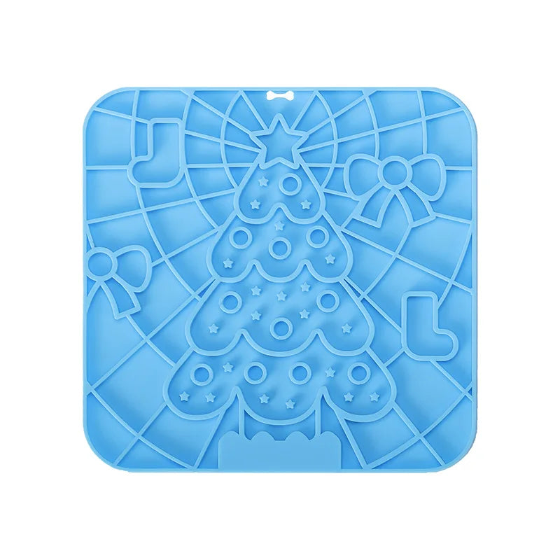 Tapis pour chien anti glouton de couleur bleu avec un sapin de noel. Image produit Boutiquechien 