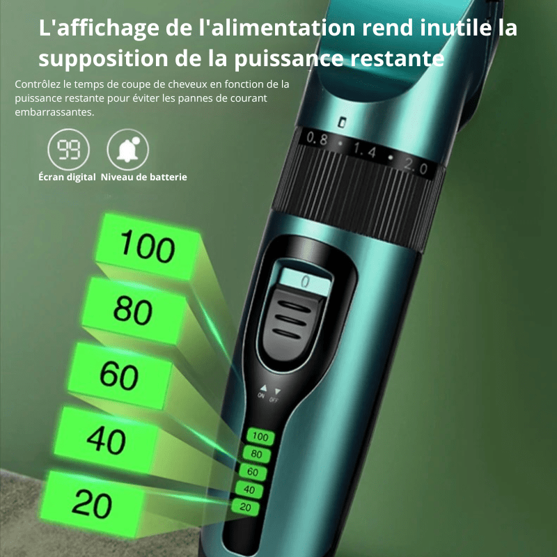 Ecran de contrôle de la batterie de la tondeuse pour chien de couleur verte. Image produit Boutiquechien