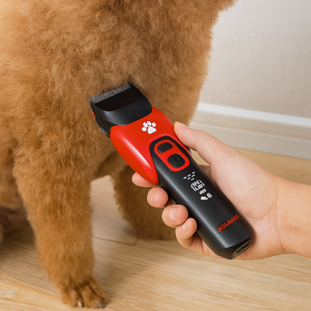 tondeuse noir et rouge pour chien tondant un chien de couleur brun. Image produit Boutiquechien