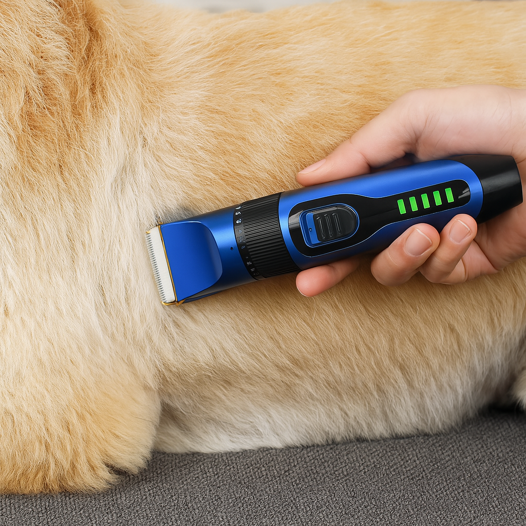Tondeuse chien de couleur bleu et noir sur un chien de couleur claire. Image produit Boutiquechien
