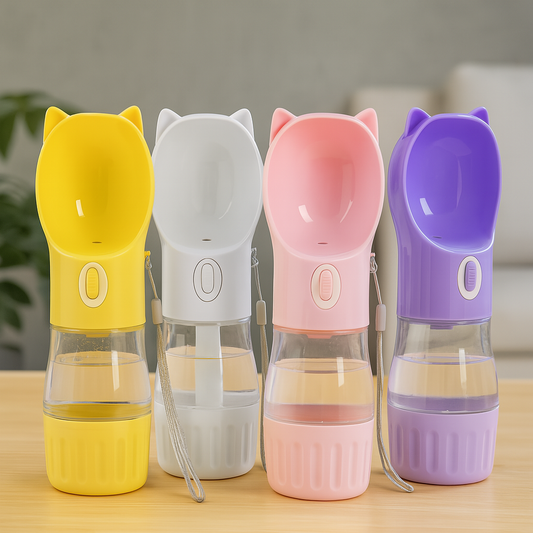 lot de gourde pour chien eau et friandise. Les gourdes sont de couleur, jaune, bleu, rose et violet. Les produits sont mis en valeur sur une table en bois beige. En fond il y a un canapé gris. Image produit Boutiquechien